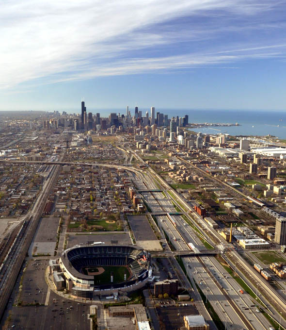 US Cellular Field with Chicago in the distance.