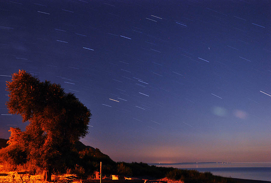 Time exposure of stars above a Lake Michigan beach.