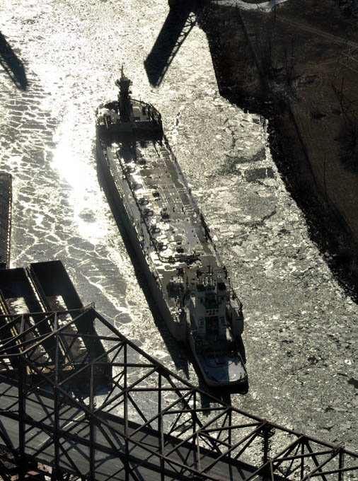 Lafarge barge moves through the winter ice in January 2011. 