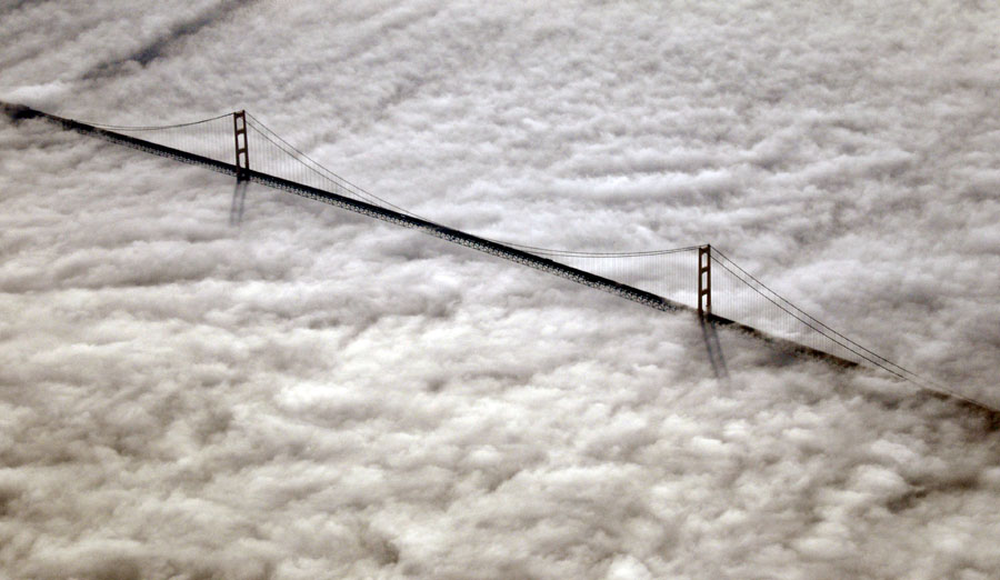 A wide swath of fog blankets the Straits of Mackinac.